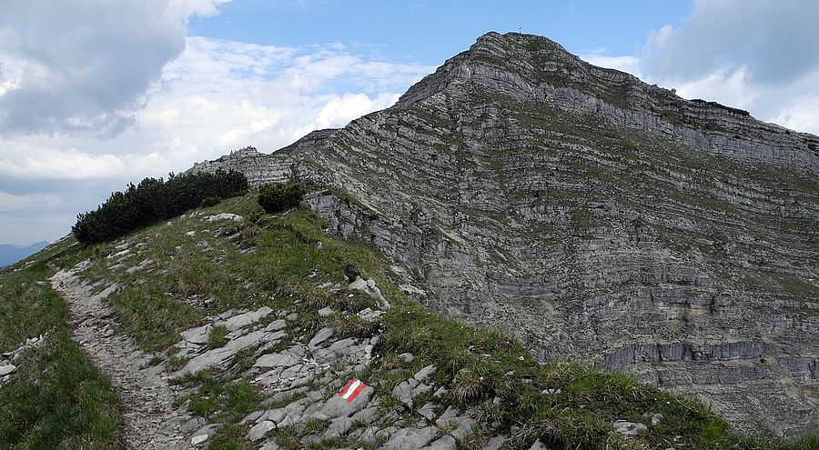 Der Gipfelaufbau des Schafreuter (2102 m) vom Anstieg von der Tölzer Hütte. Schafreuter
