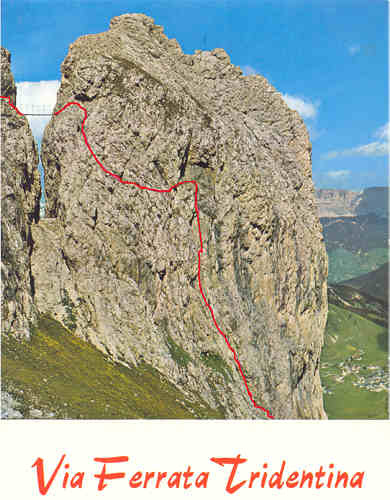 Der obere Teil des Pisciadú-Klettersteigs mit Hängebrücke zu Sella-Hochfläche Wegverlauf