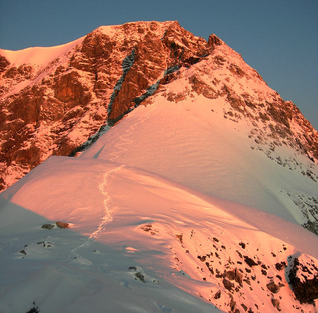 Sonnenaufgang am ersten Eisfeld des Ortler Hintergrates Sonnenaufgang