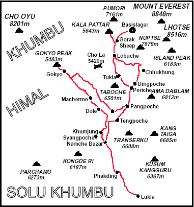 Skizze des Khumbu-Gebietes mit Routenwahl Kartenskizze